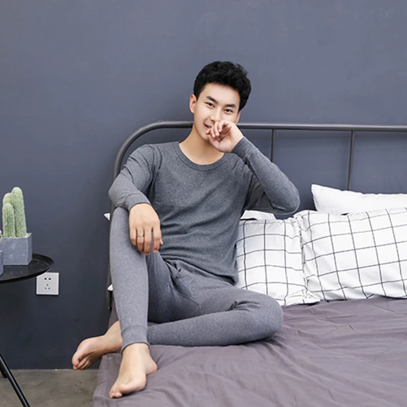 

Casual Man Underwear Middle Collar Medium Pure Color Suit Shirt + Pants 2 Piece Set Warm Thick Plus Velvet Clothes SuitPlease