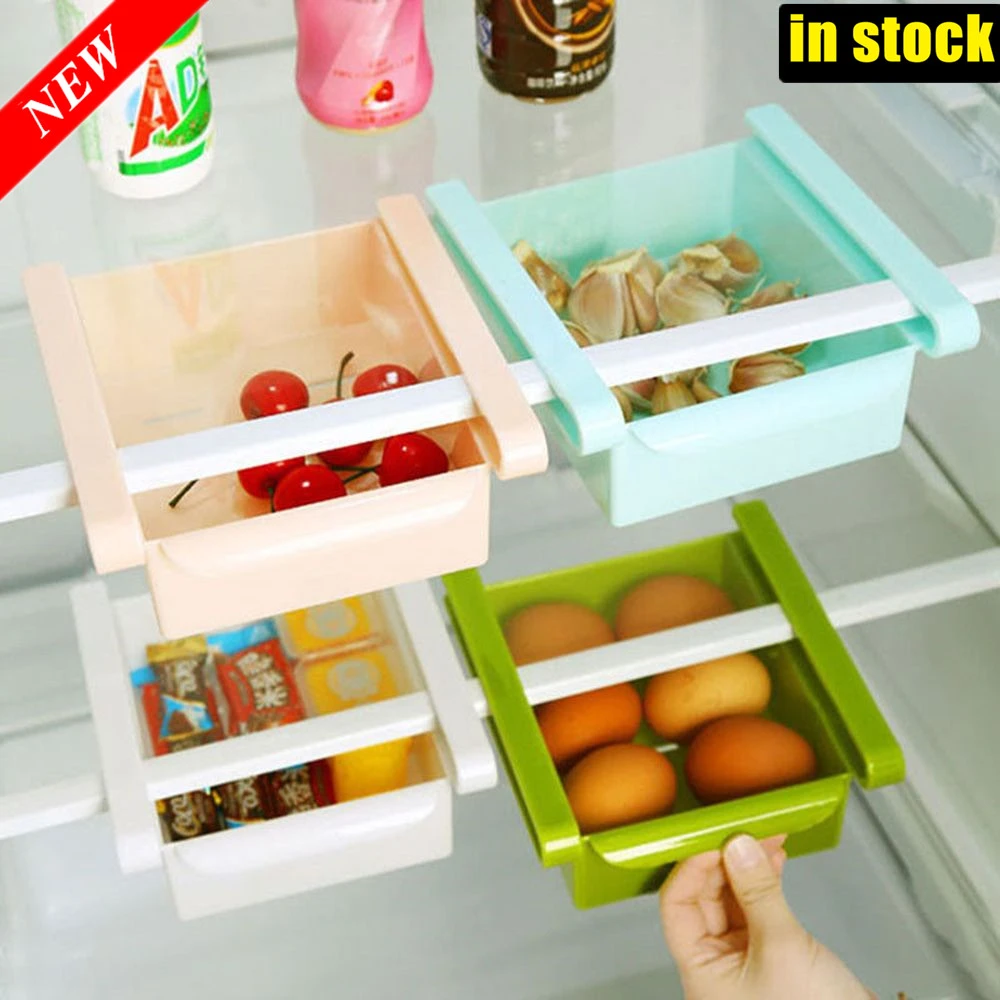 Kitchen Fridge Freezer Space Saver Organizer Slide Storage Rack Shelf Holder Box 