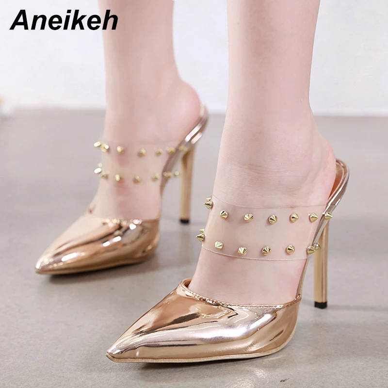 

Aneikeh 2020 Autumn Novelty PU Slippers Women's Shoes Rivet Transparent Pointed Toe Perspex Thin High Heel Black Gold Size 35-40