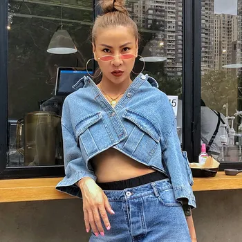 

Summer Denim Jacket Women Crop Tops Lapel Collar Flare Sleeve Harajuku Jacket Female Streetwear 2019 Jeans Jacket