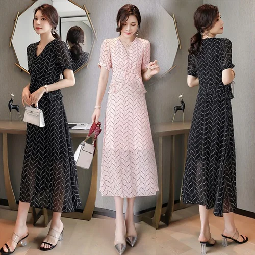 

Summer Chiffon Dress 2020 Casual Short Sleeve V-Neck Striped Printed Dresses Elegant Party Dress Plus Size Dress Women Clothing