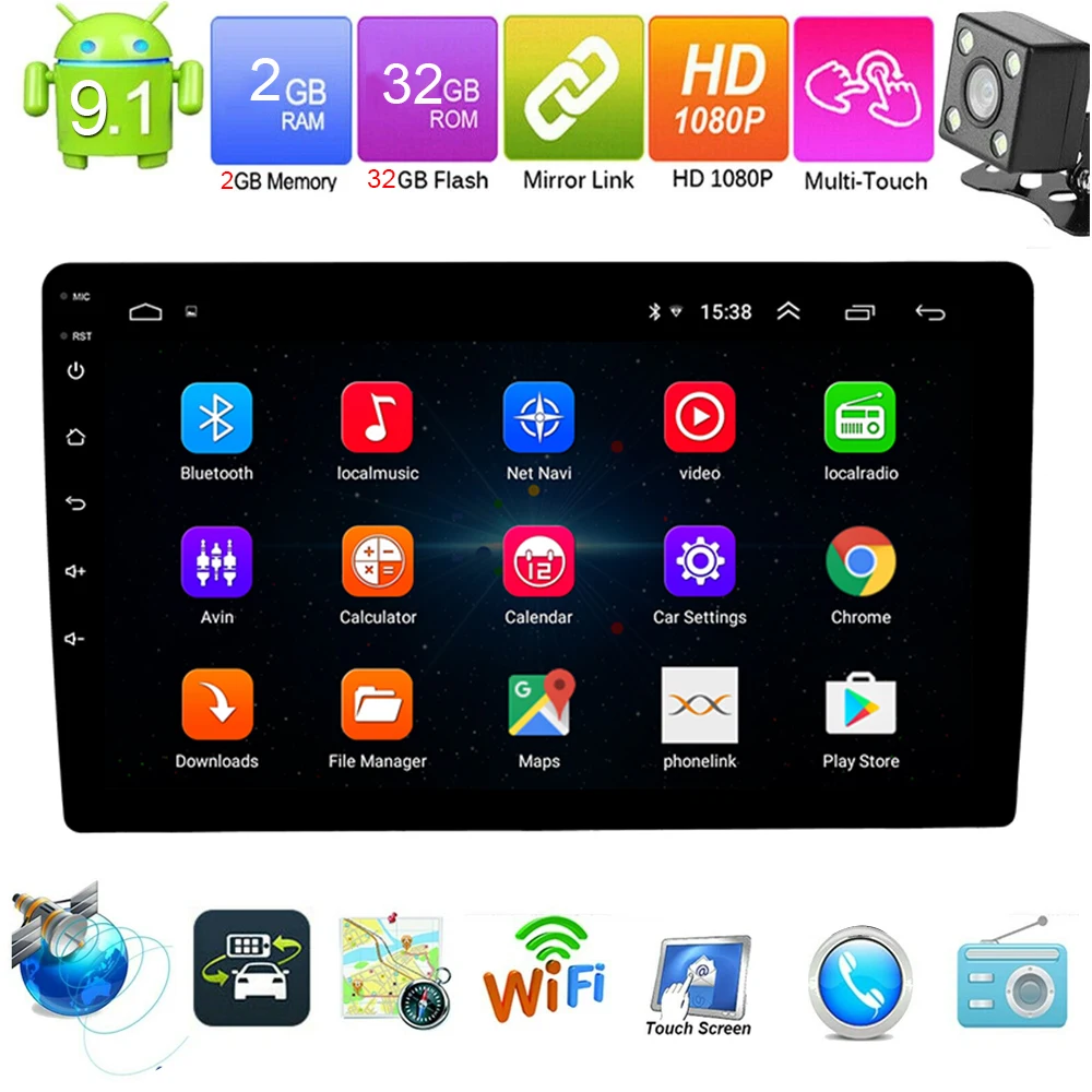 

9"/10.1" Universal Car Radio GPS Navigation Android 9.1 2Din Audio Stereo MP5 Player Bluetooth Wifi With Rear Camera
