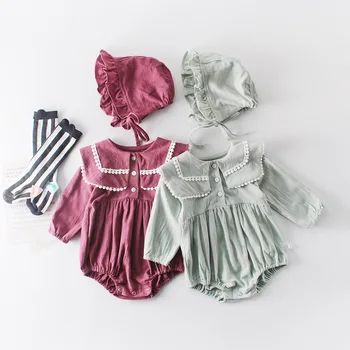 

2019 Autumn Newborn Baby Long Sleeve Lapel Collar Princess Christening Party Bodysuits Infant Girls Jumpsuits Kids Clothes + Hat