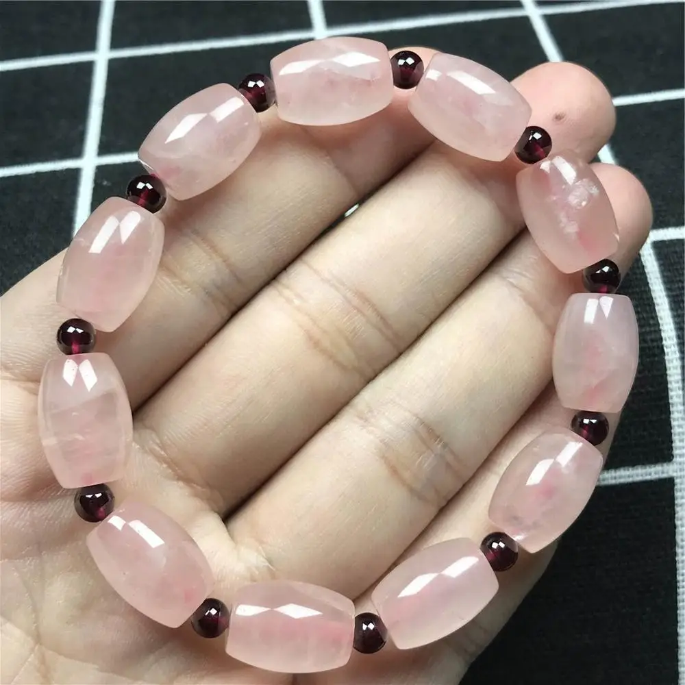 

14x12mm Natural Rose Quartz Bracelet For Women Lady With Garnet Round Beads Crystal Love Gift Fashion Bracelet Jewelry AAAAA