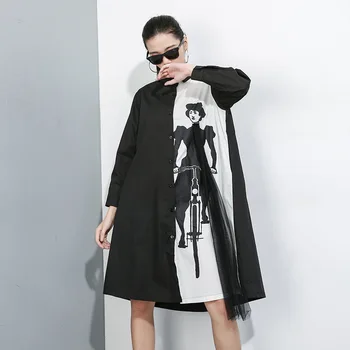 

2020 New Arrival Women Long Sleeve Fashion Splice Print Long Shirt Dress Cardigan Female Streetwear Hip Hop Gothic Blouse 7375