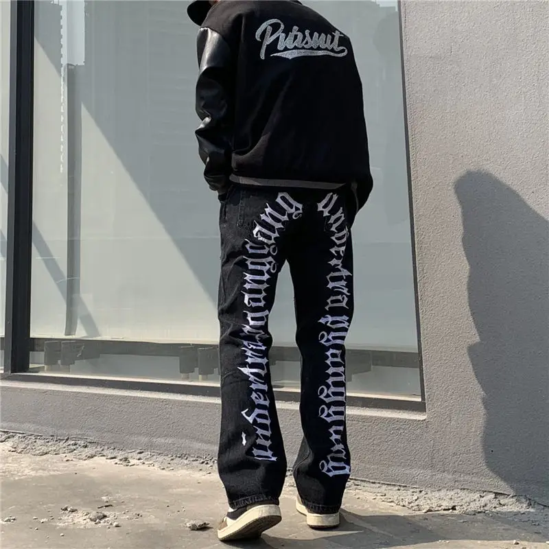 Gothic Letter Embroidered Flare Jeans Mens Streetwear Ripped Denim Hip Hop Vintage Chic High Street Straight Holes Joggers Pants genie pants