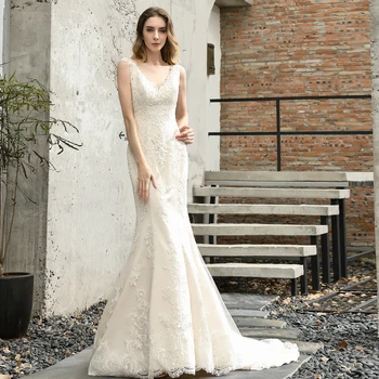 

Wedding Dresses Mermaid 2020 Appliques Tulle Custom Size For Girls Sweep Train Wedding Gown Grils Bride vestido de noiva sereia