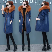 Women's Denim Parkas Winter Straight Solid Pocket Splicing Coat Casual Long Sleeve Single Breasted Plush Koreaanse Warm Parkas
