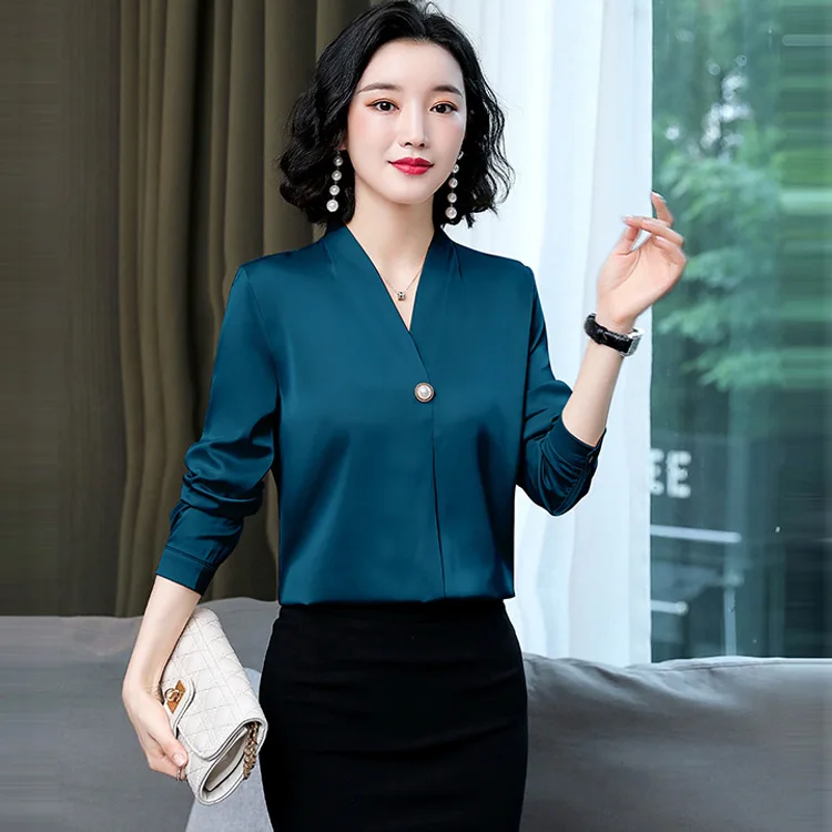 

Satin Shirt Women 2020 Autumn Temperament V-neck Long-sleeved Professional Shirt Loose Design Top Plus Size Clothing for Women