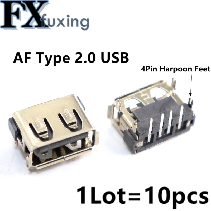 10pcs Laptop 2.0 USB Connector Jack Sockect Commonly Used 90 Degree AF Type 4 DIP Foot JACK Female Length=10MM Harpoon Feet |