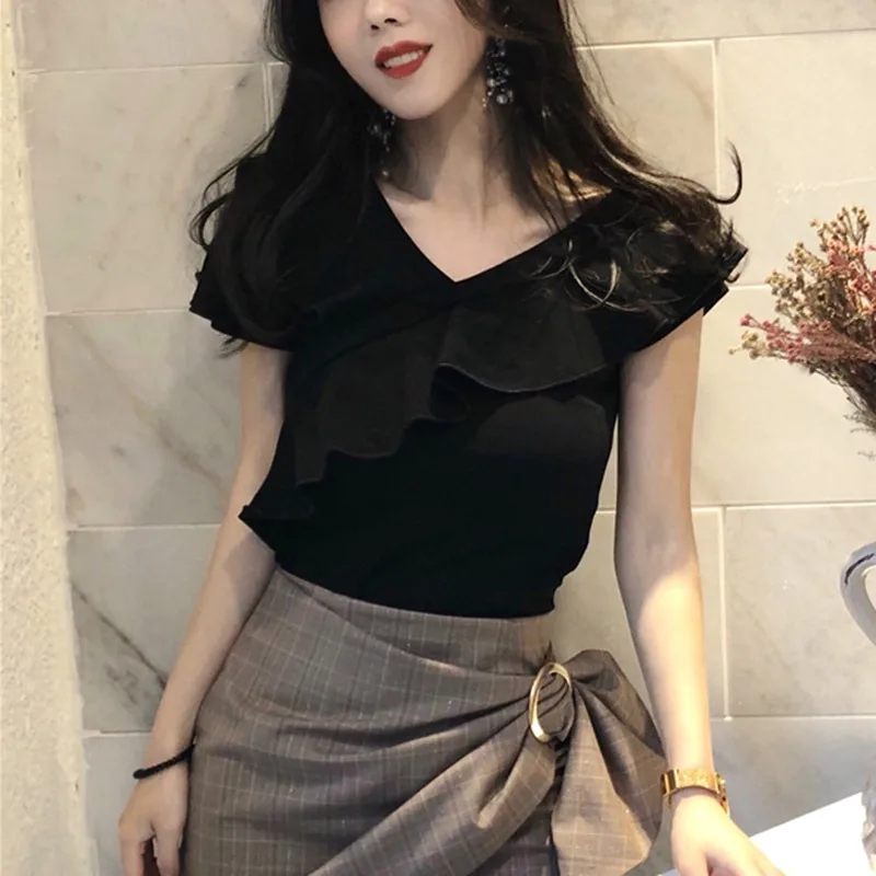 Women White Blouses Off Shoulder Sexy Summer Slim Fit Elegant Tops Female Slash Neck Ruffle Shirt Tops 6