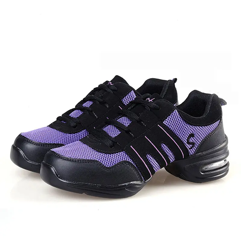 Женские Танцевальные Кроссовки с мягкой подошвой в стиле джаз и хип-хоп; легкая дышащая танцевальная обувь для женщин; Женская современная спортивная танцевальная обувь - Цвет: Black purple