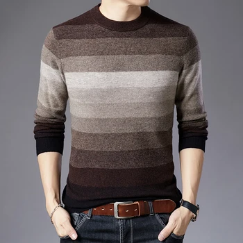

100% Wool Men Knit Tops Sweater Pullover Basic O Neck for Autumn Winter Striped Fashion Casual BO21451231