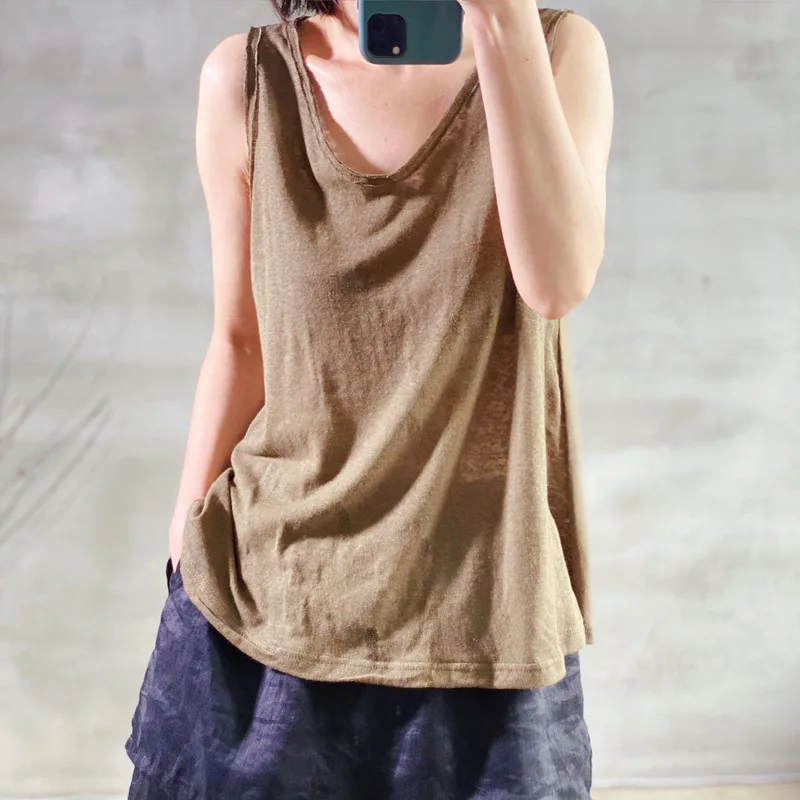 Women Loose Cotton Linen Simple Solid Color Tanks Ladies Sleeveless