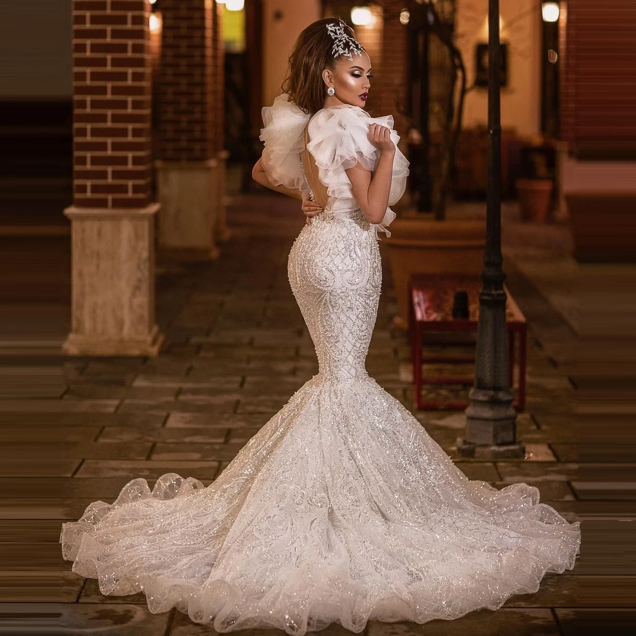 robe de mariee princesse de Lux Brdal платья Русалка с оборками и рукавами-крылышками аппликации из бисера прозрачное с круглым вырезом длинное платье невесты