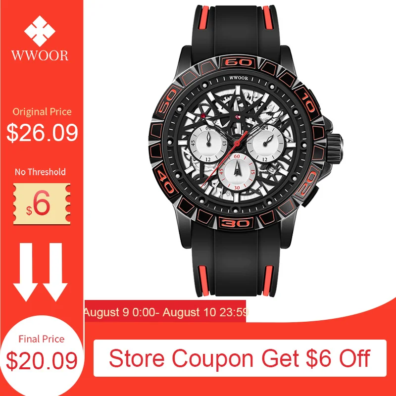 WWOOR 2021 New Creative Design Watch For Men Fashion Hollow Quartz Waterproof Sports Chronograph Wrist Watches Relogio Masculino