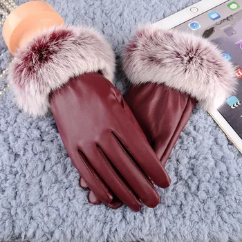 

Fur Patchwork red mittens Black Leather Women leather gloves Lady Autumn Winter Warm Rabbit Fur Mittens glove handschoenen