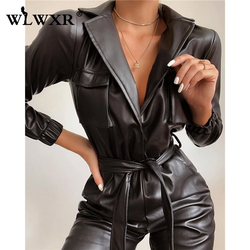 WLWXR Black Faux Pu Leather Bodycon Jumpsuit Women Overalls Belts Autumn Winter Skinny Sexy Rompers Long Ladies Female | Женская одежда