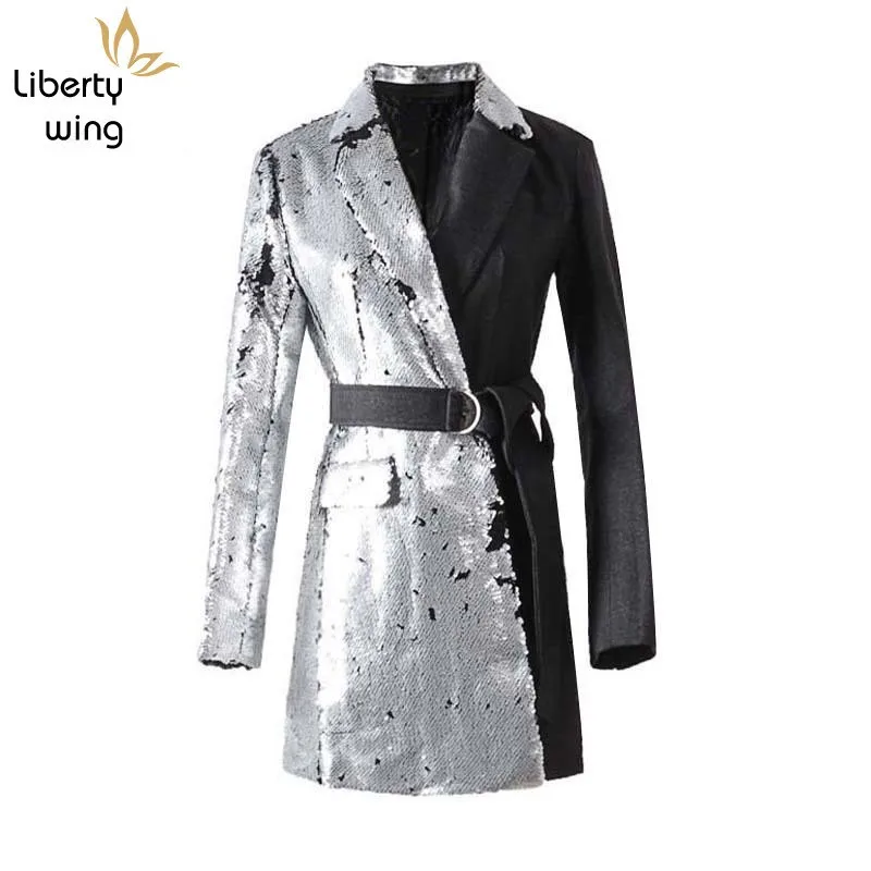 

Brand Runway Women Sequined Patchwork Long Blazer Jacket Fashion Punk High Street Bling Paillette Belted Lace Up Blazers Coats