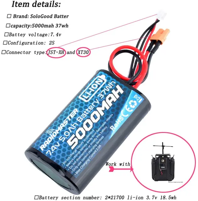 RadioMaster 2S 7.4V 5000mah 37wh Li-Ion Battery TX16S TRemote Control Transmitter JST-XH and XT30 Plug Large Endurance 2