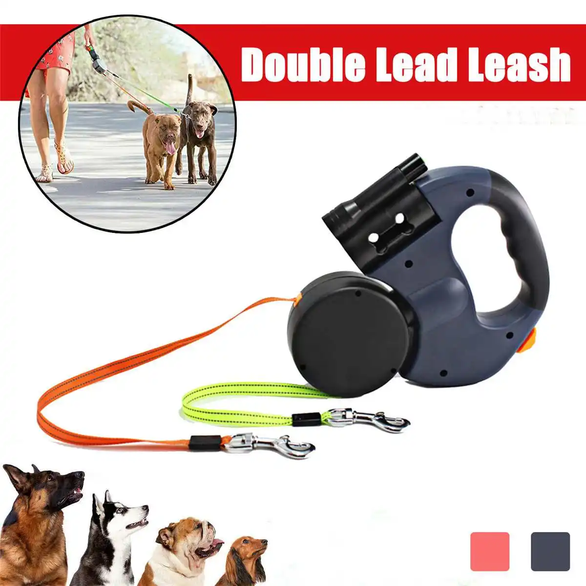 2 Dogs Leash Leads Retractable Pet Dog Double Lead Leash Dual Dog 50