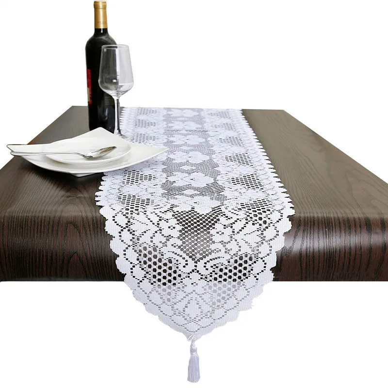 

1pcs 33x150cm Christmas White Lace Table Runner Tassels Flower Table Cover For Home Kitchen Tablecloth Wedding Party Supply