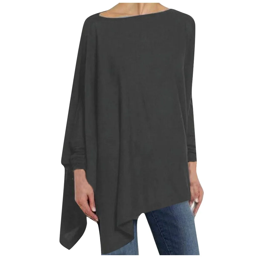 Блузка Для женщин рубашка Для женщин однотонные футболки с длинным рукавом Нерегулярные Длинный свитшот принт пуловер, топы, блузка женская Z4