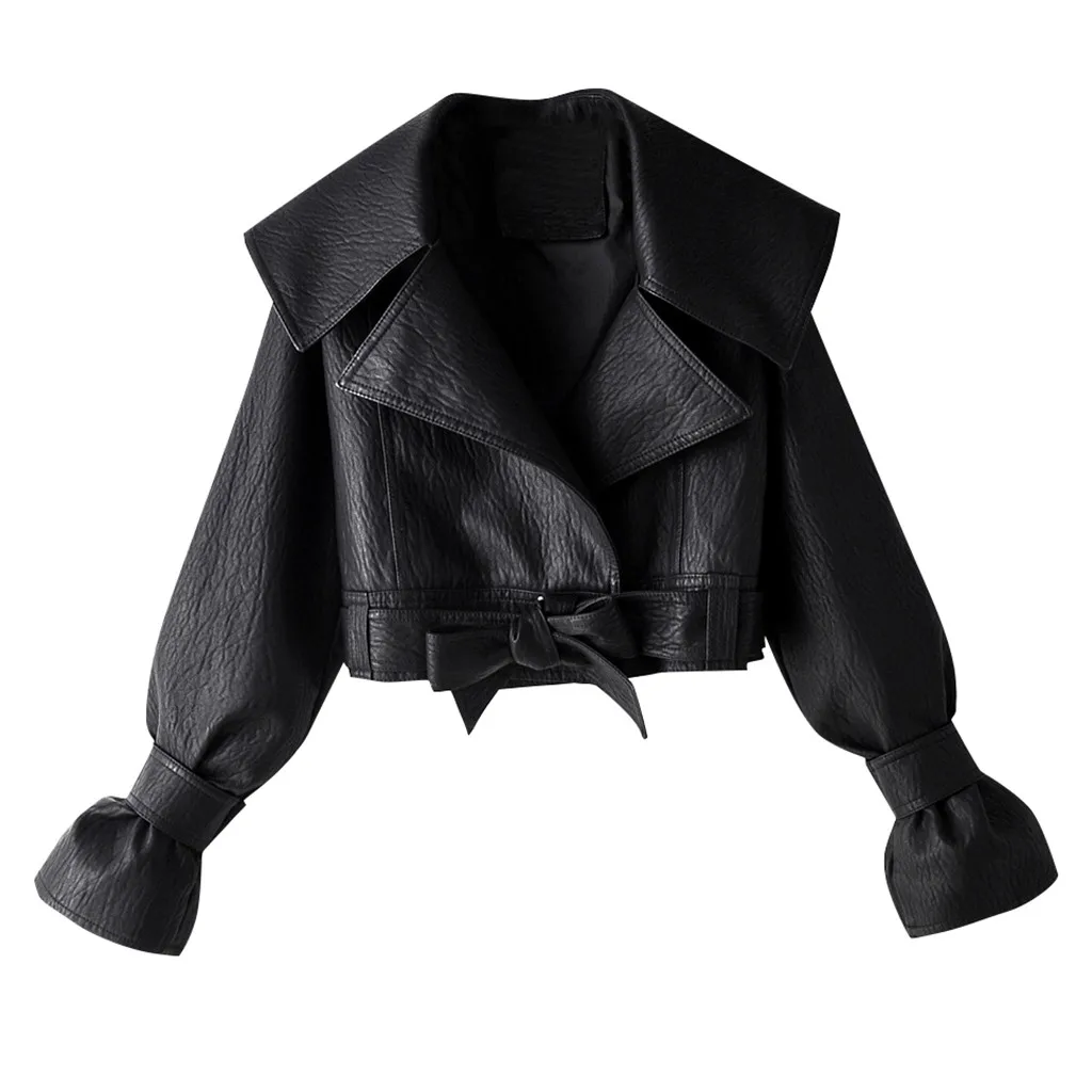 Feitong/Женская классическая байкерская куртка из искусственной кожи с длинными рукавами, модные банты куртки с большим отворотом и бантом, верхняя одежда
