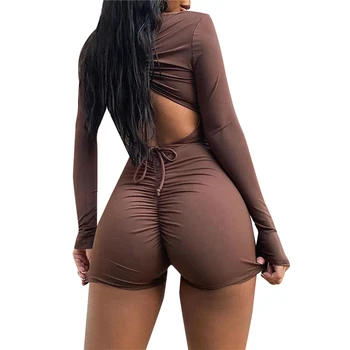 Women Sexy Skinny Jumpsuit Brown Long Sleeve Deep V-neck Solid Color Tight One-piece Backless Playsuit Romper  S/ M/ L/ XL 1