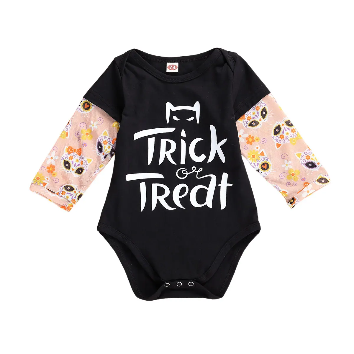 3-18M Halloween Costumes Newborn Infant Baby Boys Cartoon Letters Print Long Floral Sleeve Button Covered Rompers Outfits New