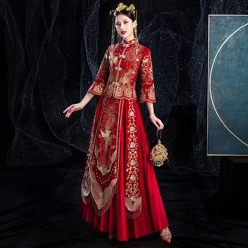 Высокое качество 2019 традиционное китайское свадебное платье с вышивкой Cheongsam Qipao платья Ретро Халат невесты
