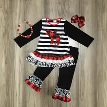 Рождество осень/зима для маленьких девочек Олень moose Полосатый плед наряды Брюки Одежда оборками бутик детская одежда подходящие аксессуары