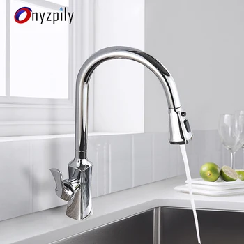 

Kitchen Faucets Chrome Pull Out 2 Outlet Water Modes Single Handle Kitchen Tap Single Hole Handle Swivel 360 Degree Water Mixer