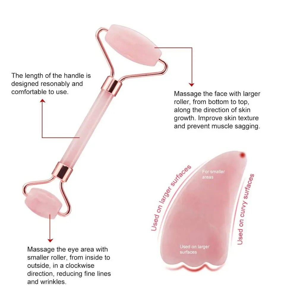 Нефритовый роликовый массажер для лица, натуральный розовый кварц, Нефритовый роликовый комплект Guasha для похудения лица, массажный лифтинг для кожи, инструмент для ухода за кожей