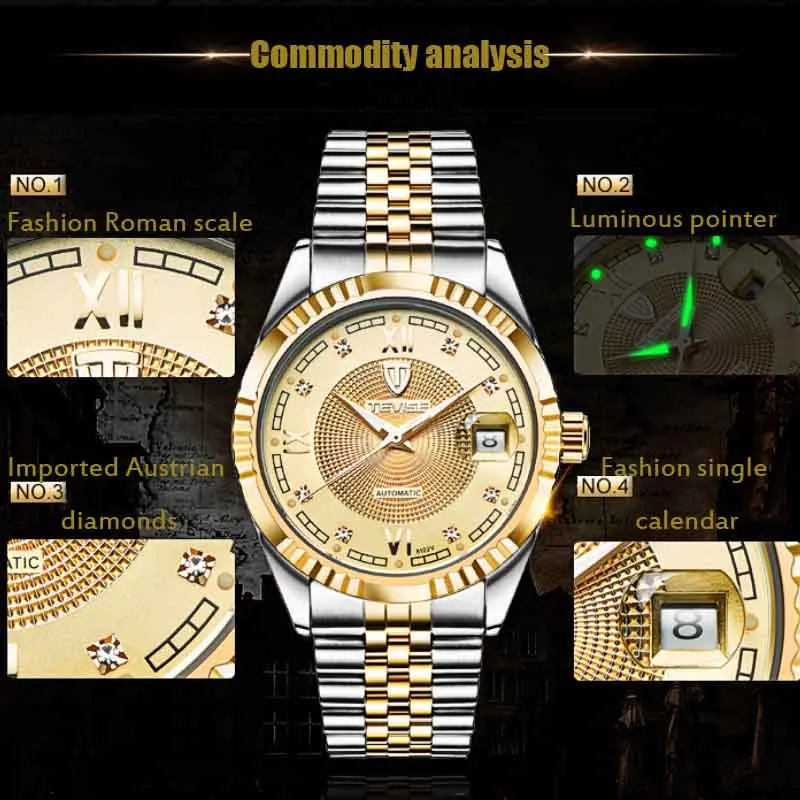 Роскошные брендовые Tevise автоматические механические часы водонепроницаемые Модные мужские часы Новые светящиеся указки мужские часы могут быть оптом