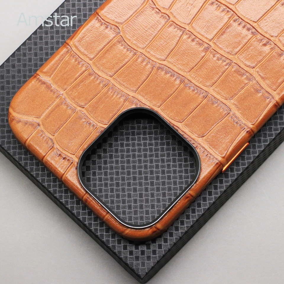 Amstar Pure Cowhide Genuine Leather Phone Case for iPhone 13 12 Pro Max Handmade Real Leather Magnetic Wireless Charging Cover 