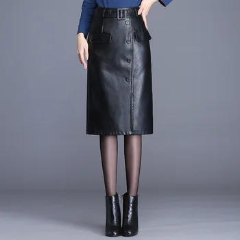 

Half-length skirt women's skirt 2019 autumn new women's high waist slim single-breasted PU leather skirt temperament hip skirt
