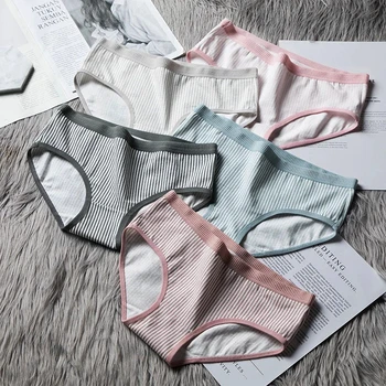

2020 New Women Girls Panties Soft Brief Cotton Underwear Breathable Briefs Simple Striped Solid Color Comfortable