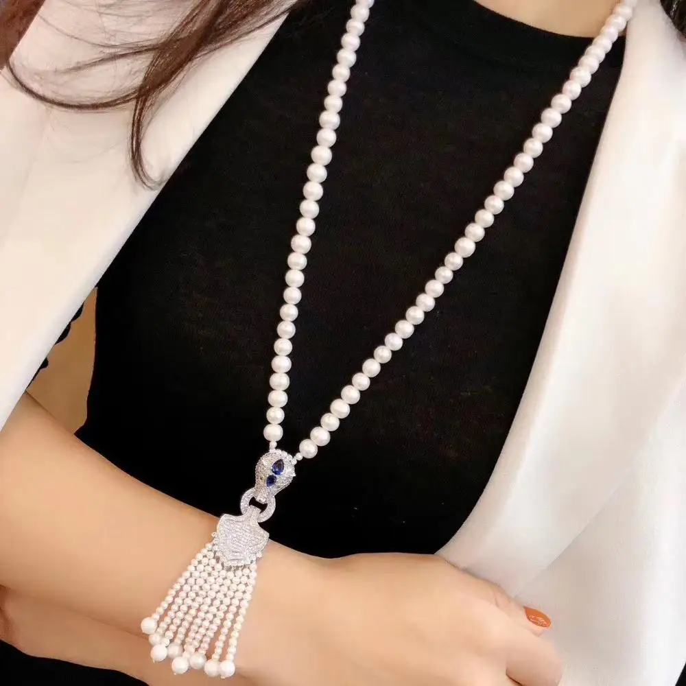 

Green Eyes Leopard Pink Blue Zircon Natural Pearl Long Necklace for Women High Jewelry Party Necklace