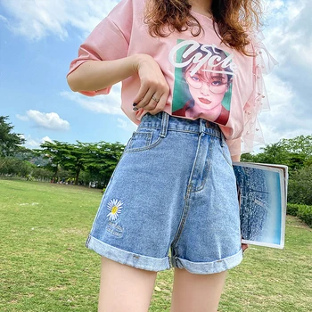 

summer Vintage Hight waist Embroidered Denim shorts Women Fashion loose shorts jeans female Casual Basics wide leg short pants