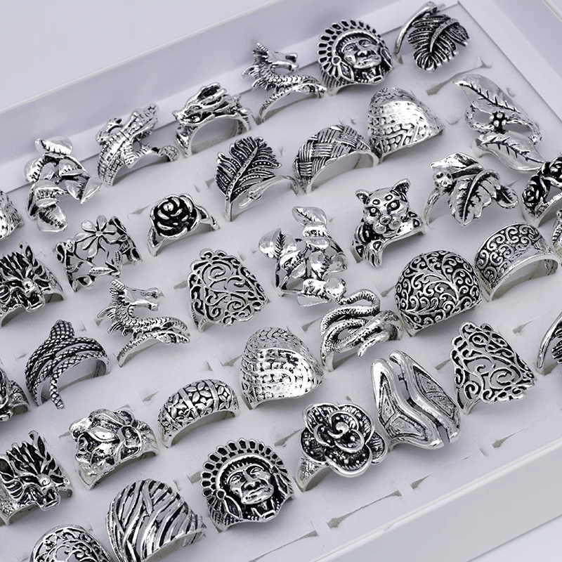 Wholesale 25pcs/Lots Vintage Mix Style Anmial Flower Rings For Women Party Gift Jewelry