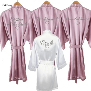 

new gorgeous mauve bride robe Women satin short Kimono heart design getting married Wedding party bridal bridesmaid robes