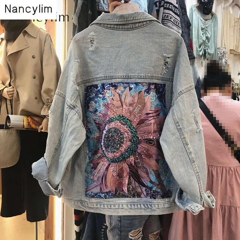 

Vintage Denim Jacket Women Autumn Loose Personality Holes Flower Sequins Jeans Coat Ladies Student Street Wear Casaco Feminino