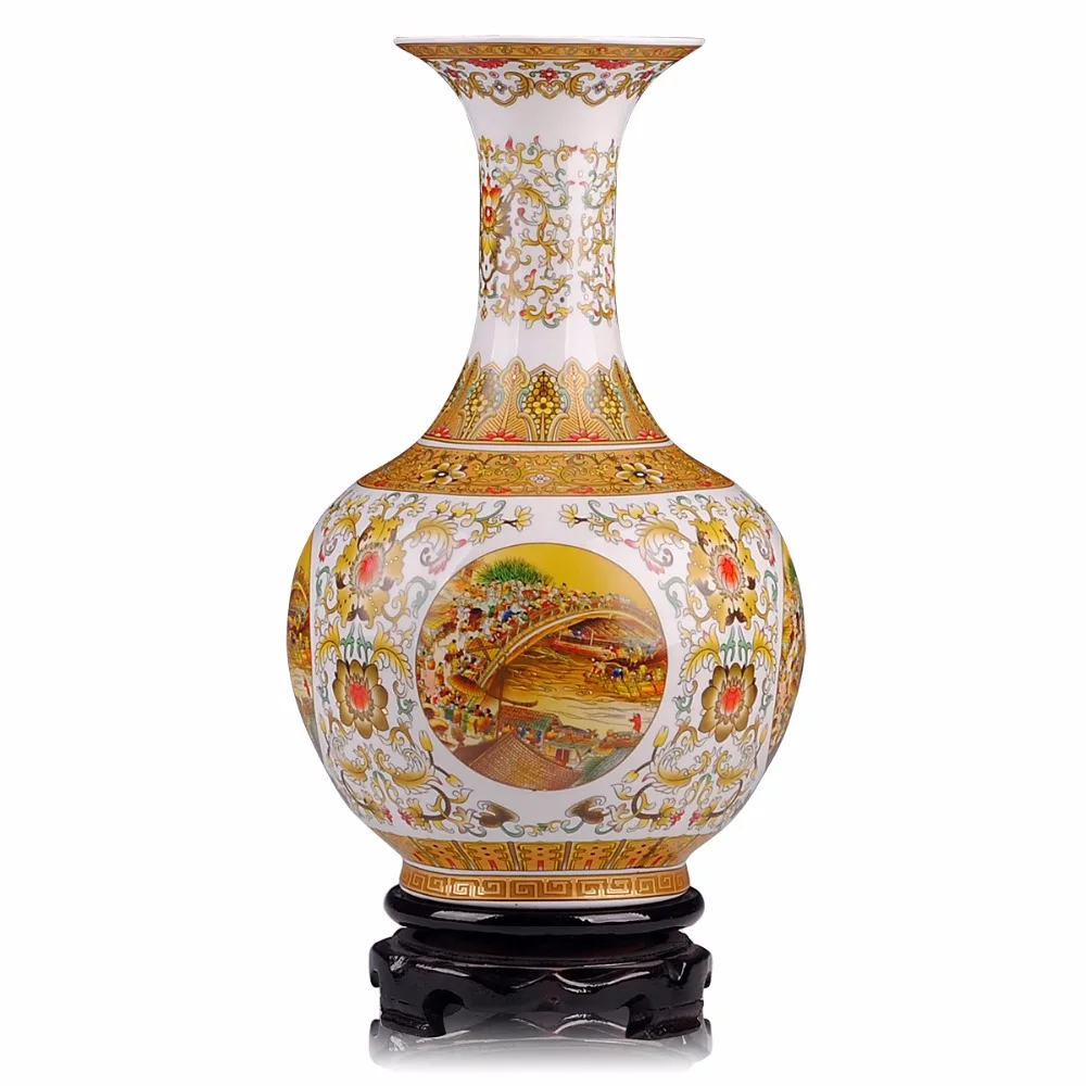 

Jingdezhen Antique Golden Big Size Vase Riverside Scene at Qingming Festival Chinese Vases