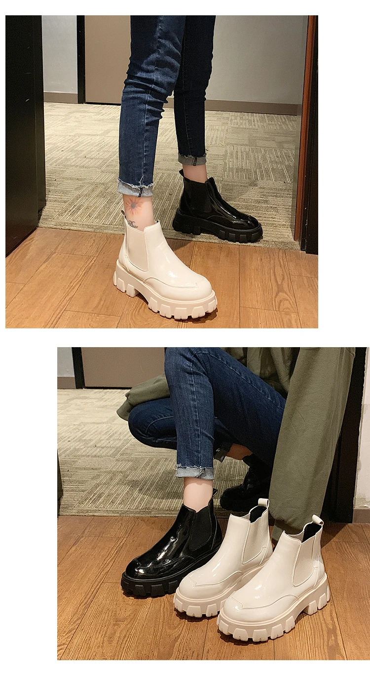 Демисезонные ботильоны из лакированной кожи; женские мотоциклетные ботинки; женская обувь; Женские ботинки в стиле панк на толстой подошве; цвет бежевый, черный; европейские размеры 35-39
