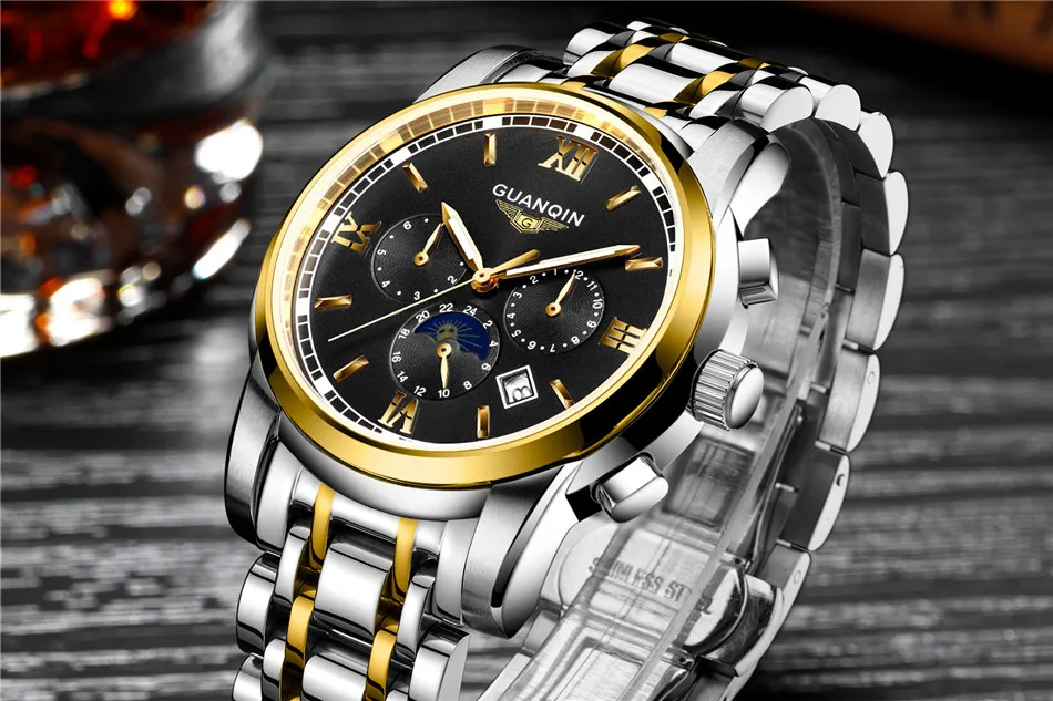 GUANQIN бренд automatic Tourbillon часы роскошная мужская одежда для бизнеса механические наручные часы из нержавеющей стали золотые эксклюзивные мужские часы