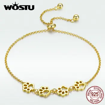 

WOSTU Real 925 Sterling Silver Gold Bracelets Paw Trail Dog Footprint Animal Chain & Link For Women Fashion Jewelry BKB096-B