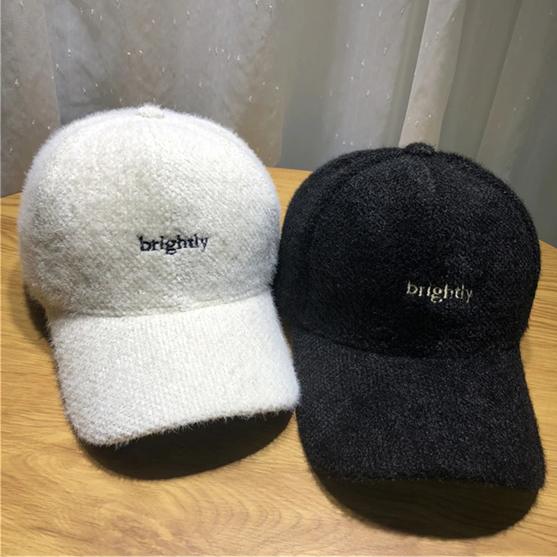 Korean Style Embroidered Adjustable Warm Baseball Caps Embroidered Letters Baseball Caps Peaked Caps Rabbit Fur Baseball Caps navy baseball cap