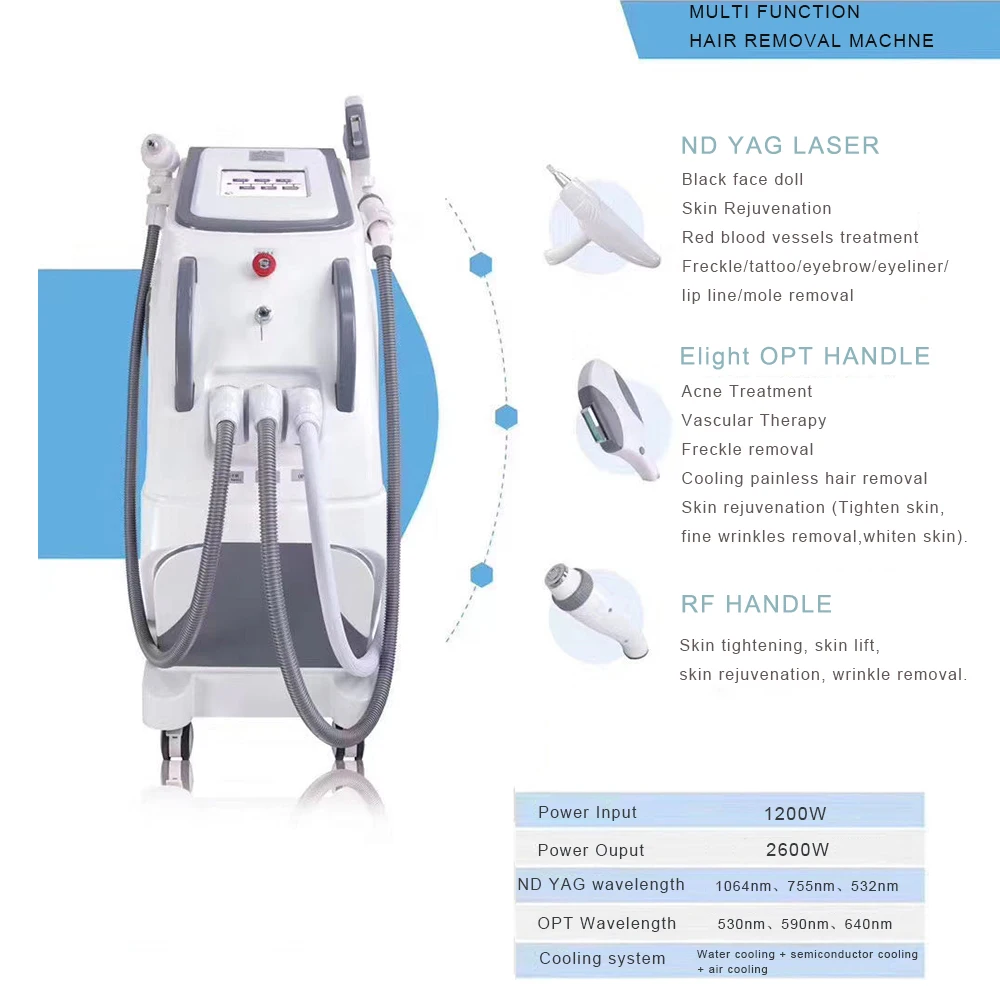 

3 in 1 Multi-function Hair Removal Machine ND YAG IPL E-light OPT RF Hair Tattoo Removal Face Lift Machine 1064 755 532nm
