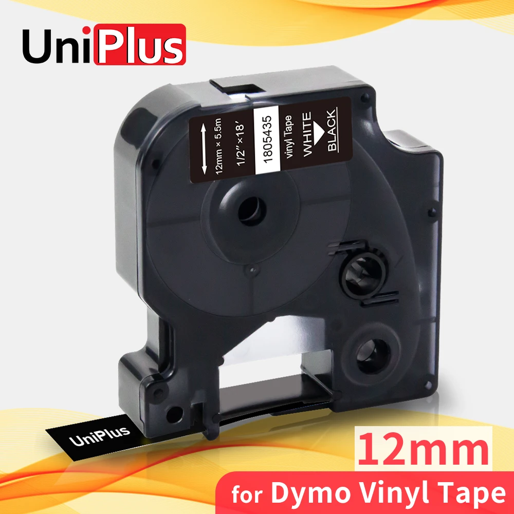 Uniplus White On Black Label Tape Compatible Dymo 1805435 Vinyl Tape